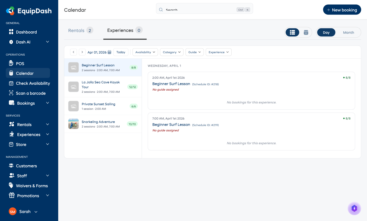 The experience list view in day mode showing experience rows on the left and session cards with participant tables on the right.