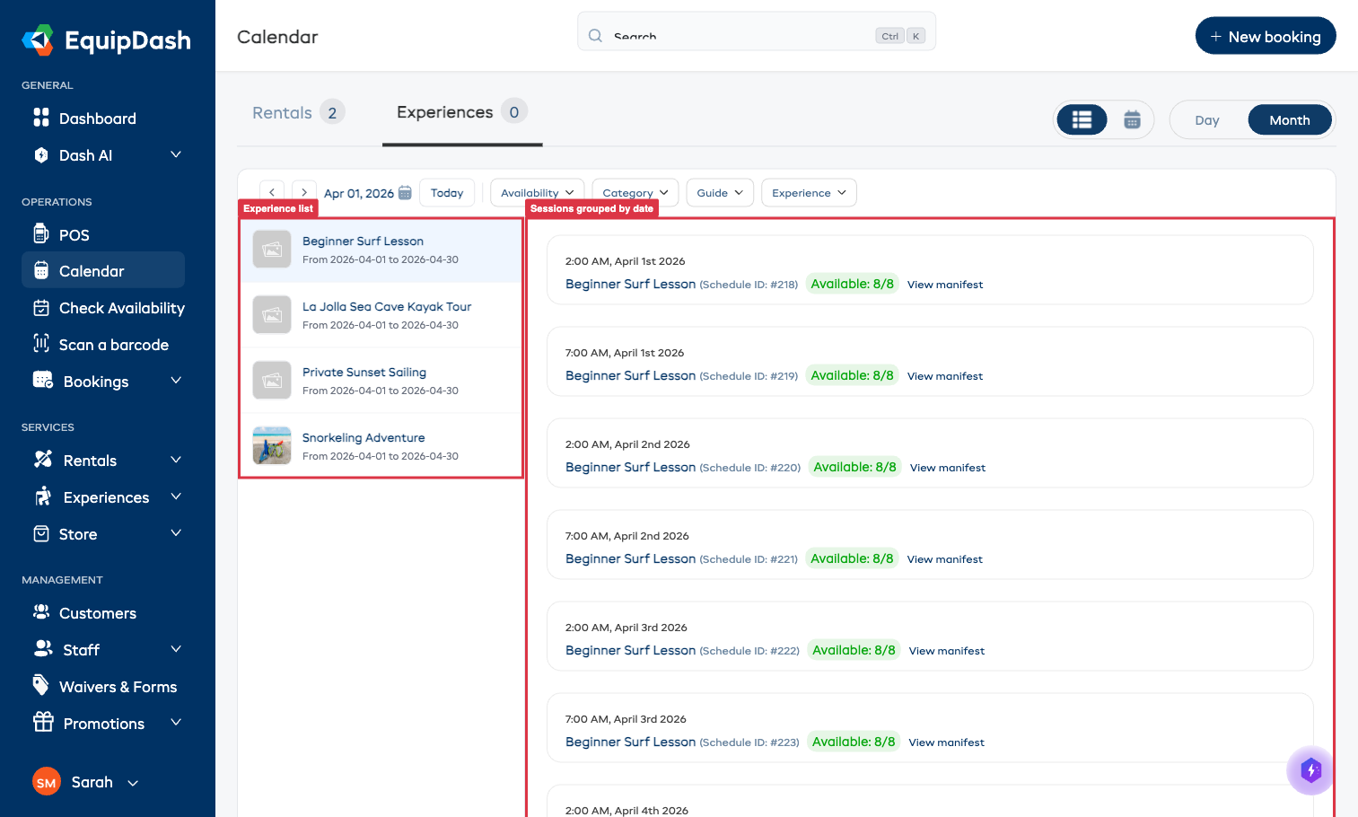 The experience list view in month mode showing experiences grouped with booking details.