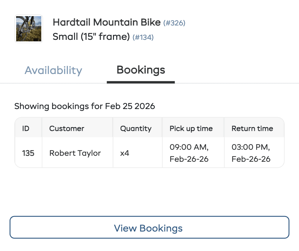 The inventory popup showing the Bookings tab with a list of bookings.