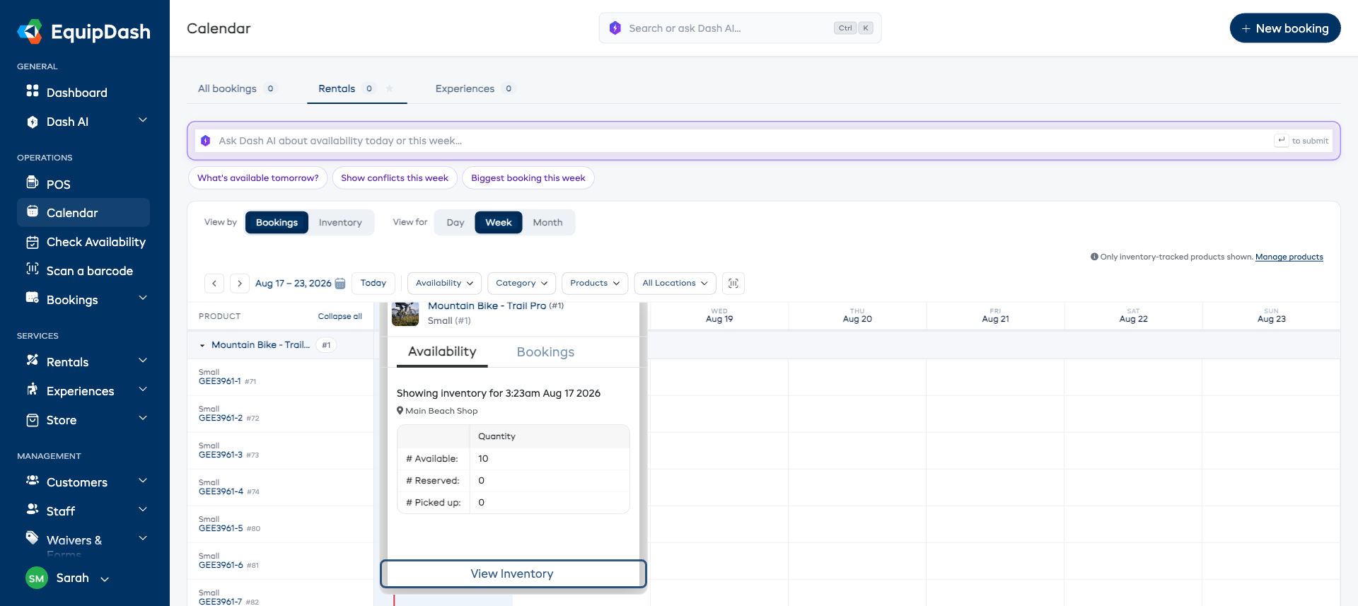 The inventory card open beside an item, with its Availability and Bookings tabs.