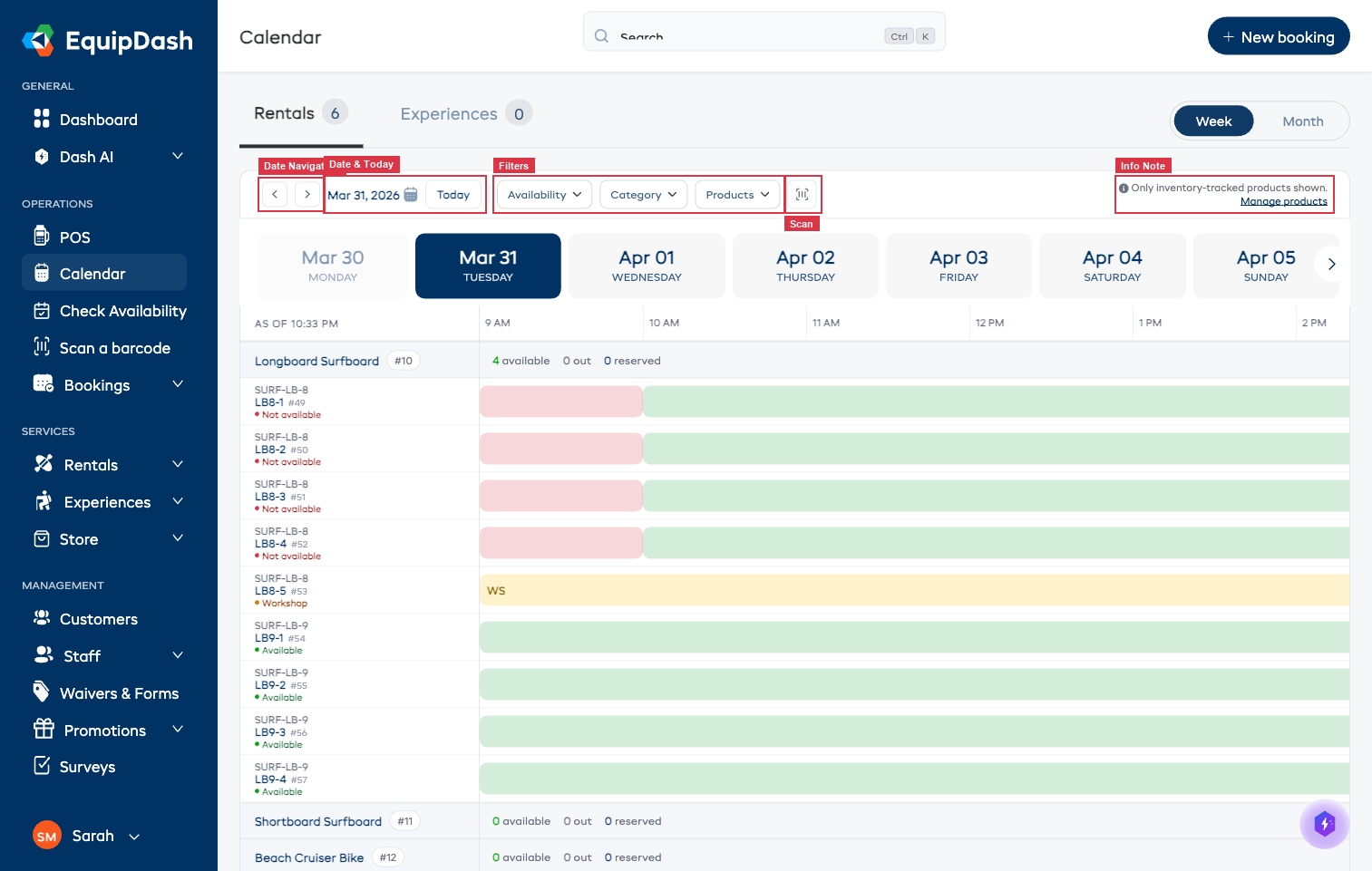 The toolbar showing prev/next arrows, date display, Today button, filter pills, barcode icon, and info note.
