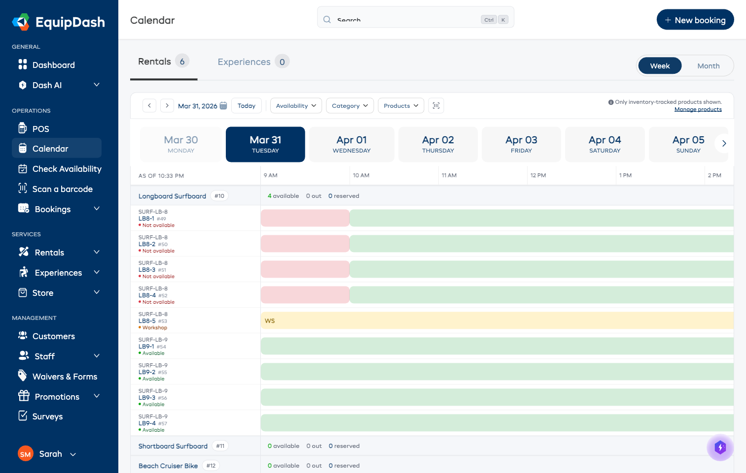 The Calendar page showing the Rentals tab with per-unit availability rows, time-based segments, and the toolbar above.