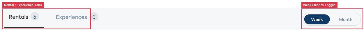 Close-up of the Rentals and Experiences toggle tabs at the top of the calendar.
