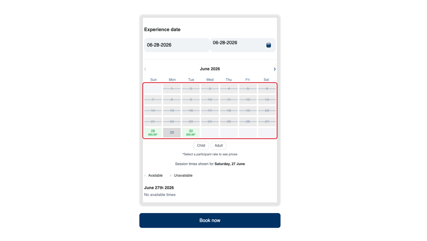 A booking-widget calendar with a "from" price under each open day, the Child / Adult rate pills below it, and the note "Select a participant rate to see prices".