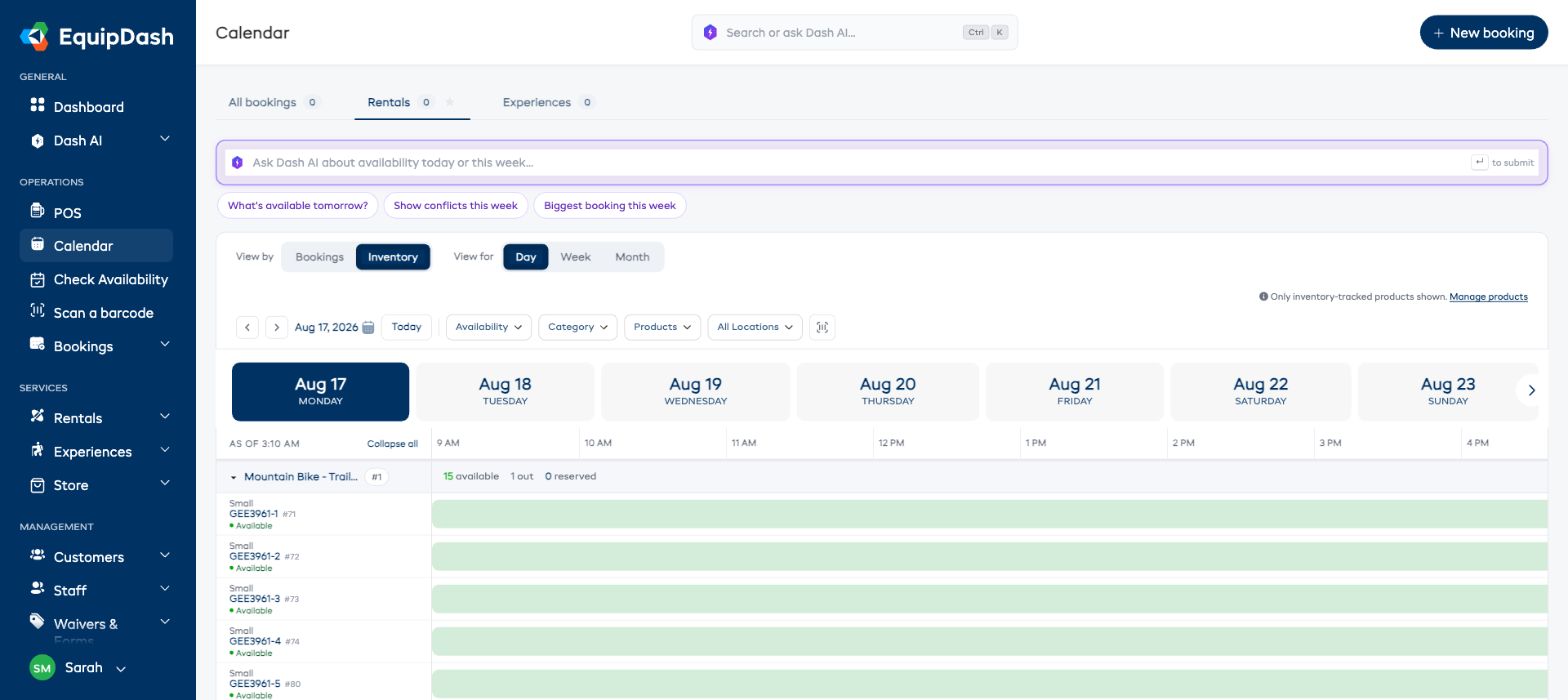 The Rentals tab in Inventory day view, with the hours across the top and an availability strip for each item.