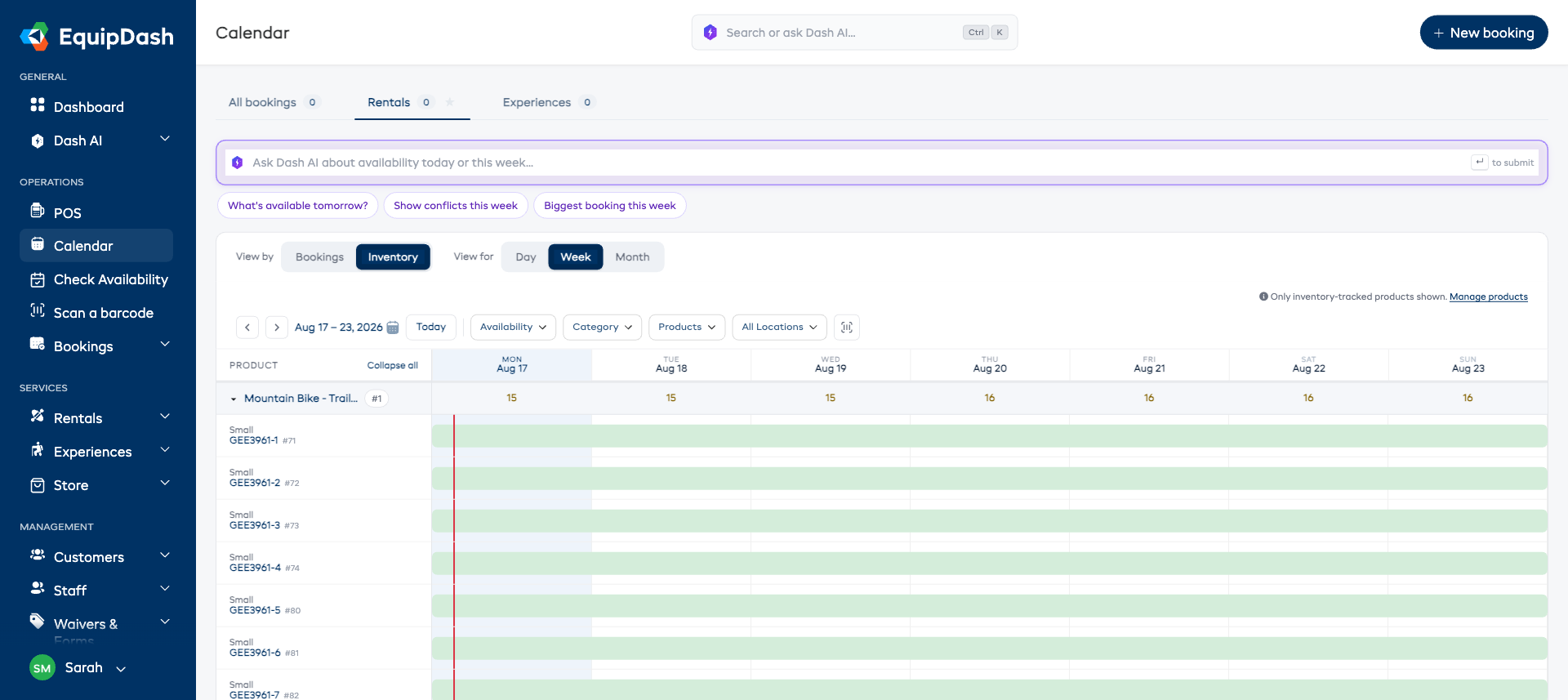 The Rentals tab in Inventory week view, with a free count per day on the product row and a strip per item underneath.