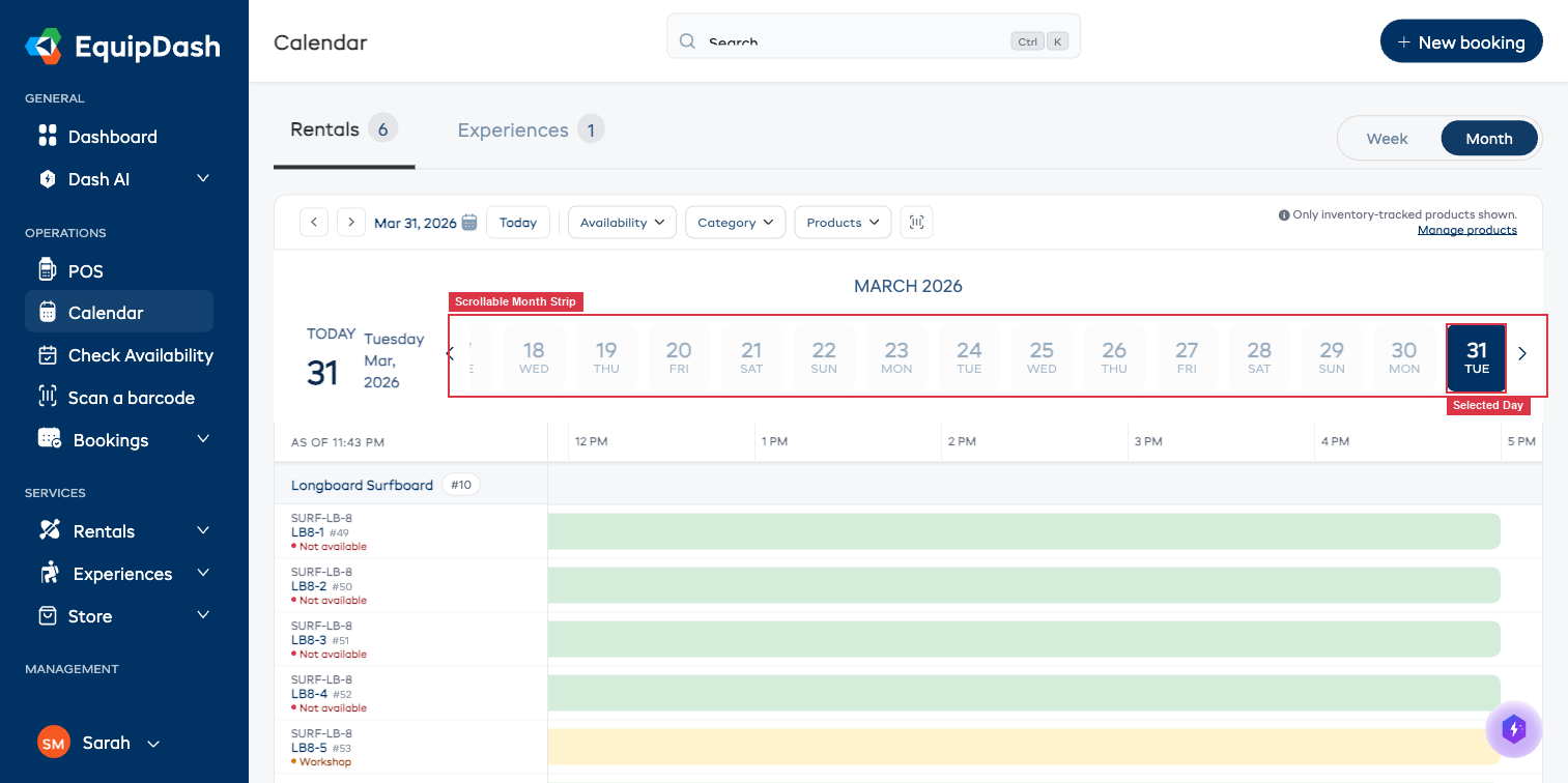 The rental calendar in month view showing the scrollable month date strip with the selected day visible.