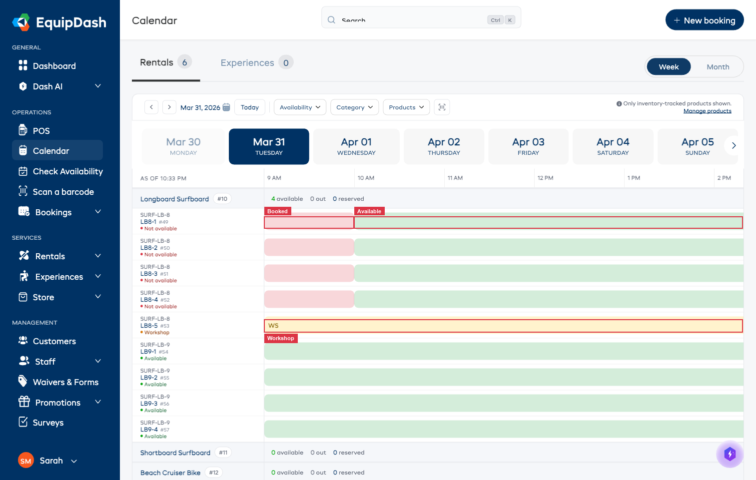 The rental calendar showing colour-coded segments: pink for booked, green for available, and yellow for workshop.