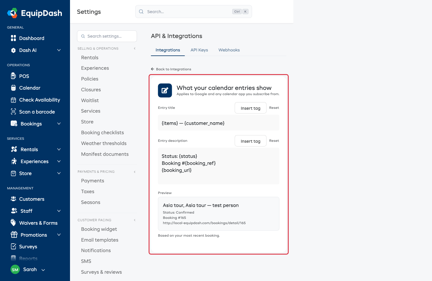 Set how your calendar entries are formatted — Entry title, Entry description, and a live preview
