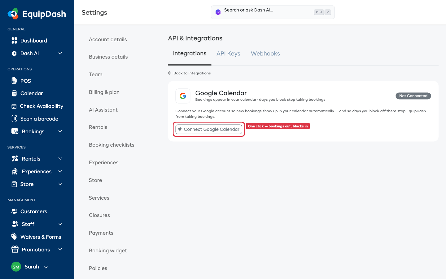 Calendar Sync settings — Google Calendar plus the iCal subscribe and block-out options
