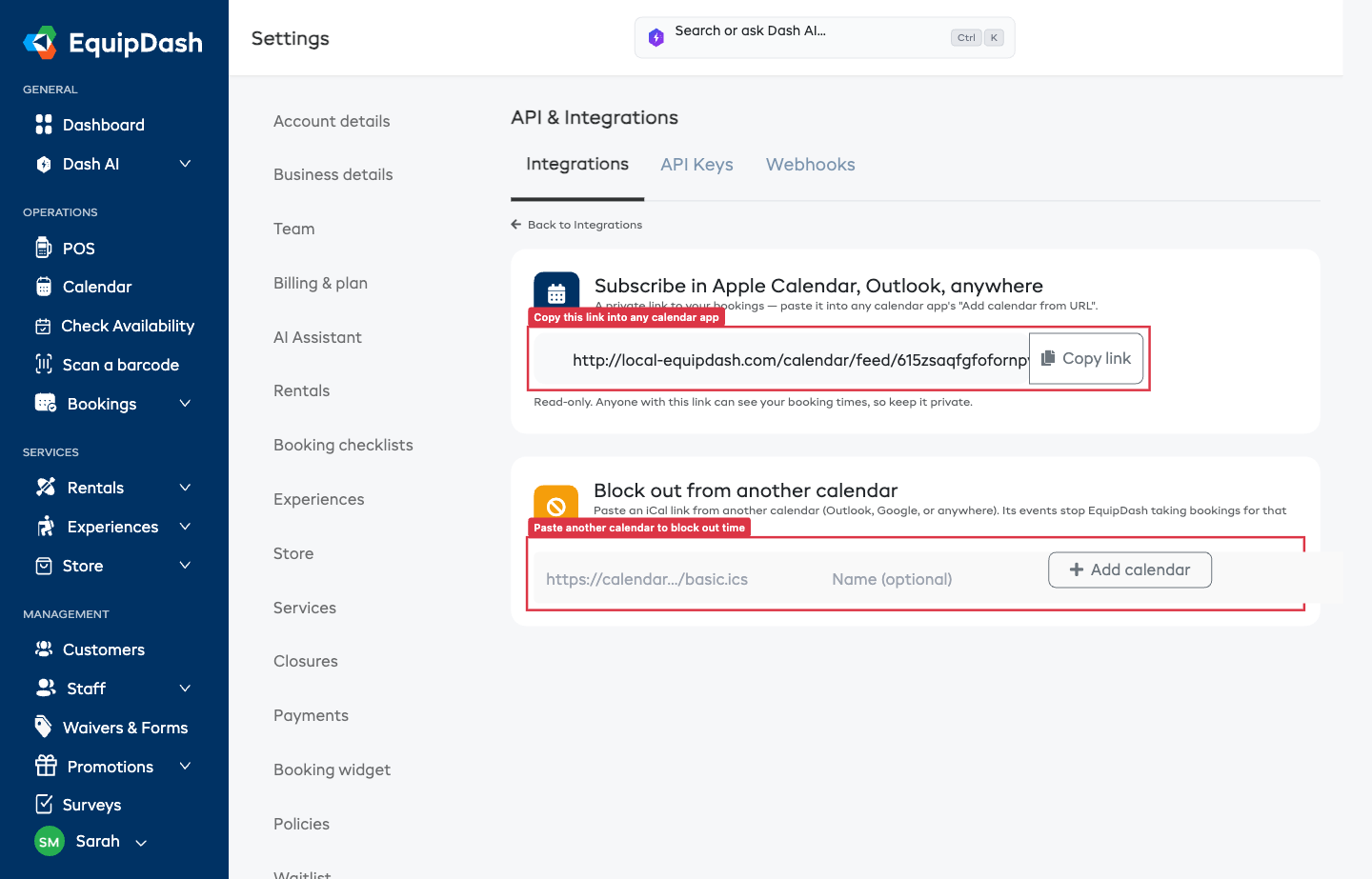 The iCal & Custom page showing the subscribe link and the block-out form
