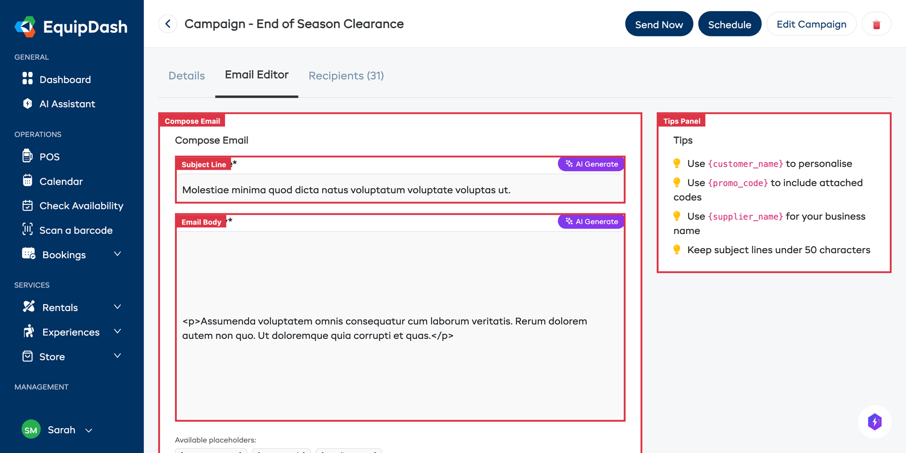 The Email Editor tab showing Subject Line, Email Body, and Tips panel