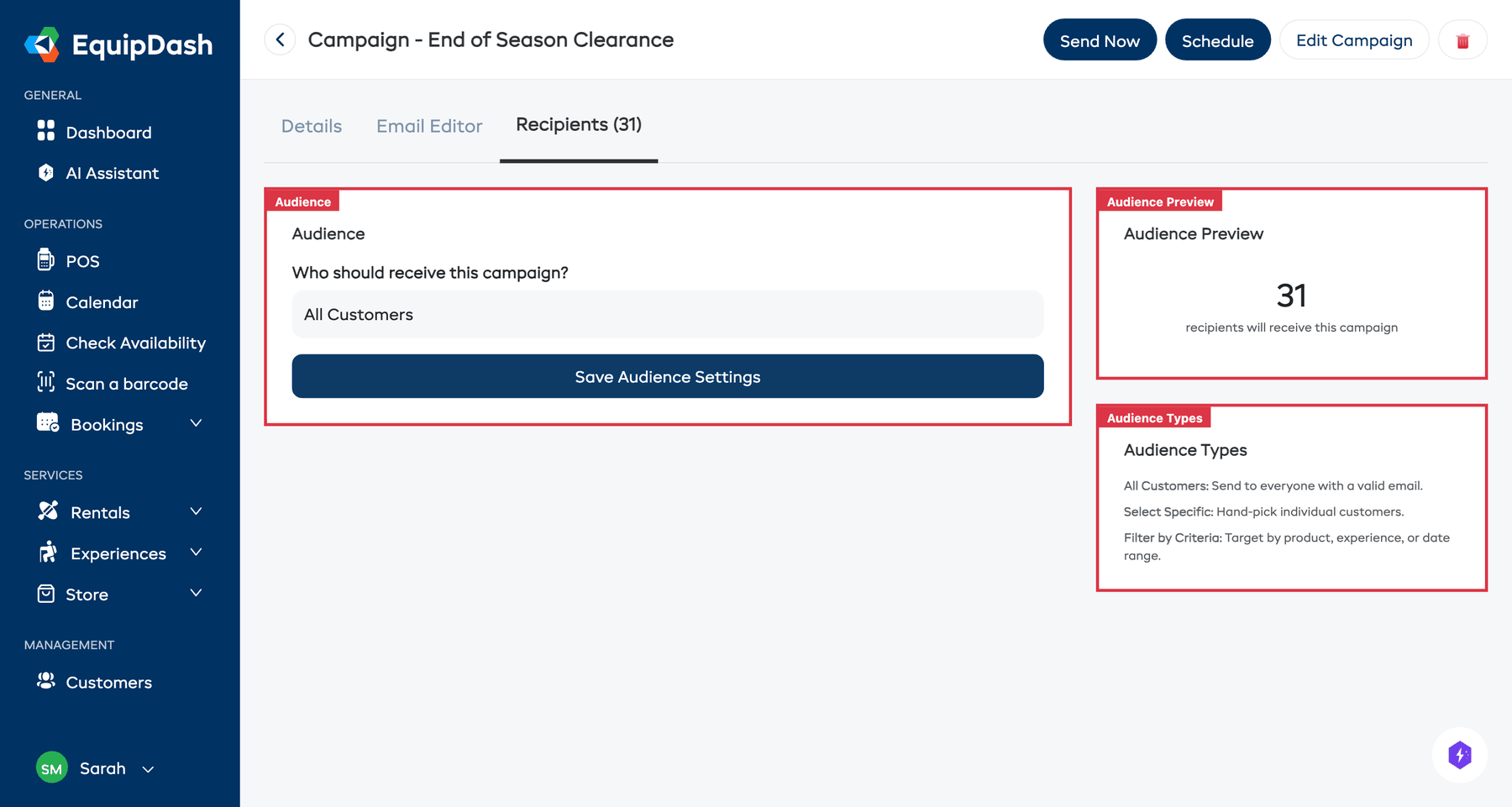 The Recipients tab showing the Audience dropdown and Audience Preview