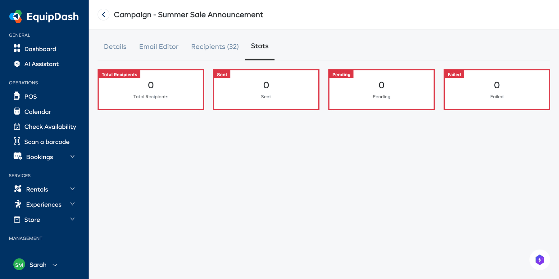 The Stats tab showing the four metric cards