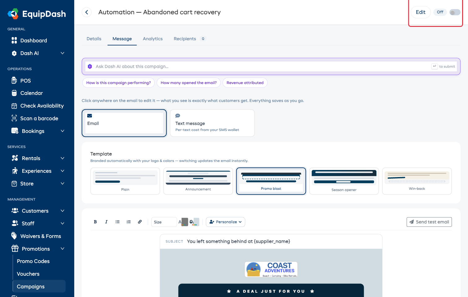 An automation's own page with the on/off switch at the top right and the email open for editing