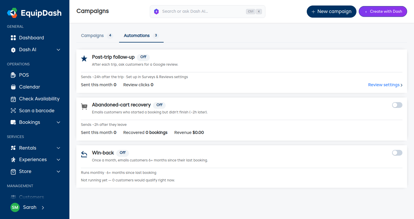 The Automations tab with the three automation cards — post-trip follow-up, abandoned-cart recovery, and win-back — each with its toggle and stats