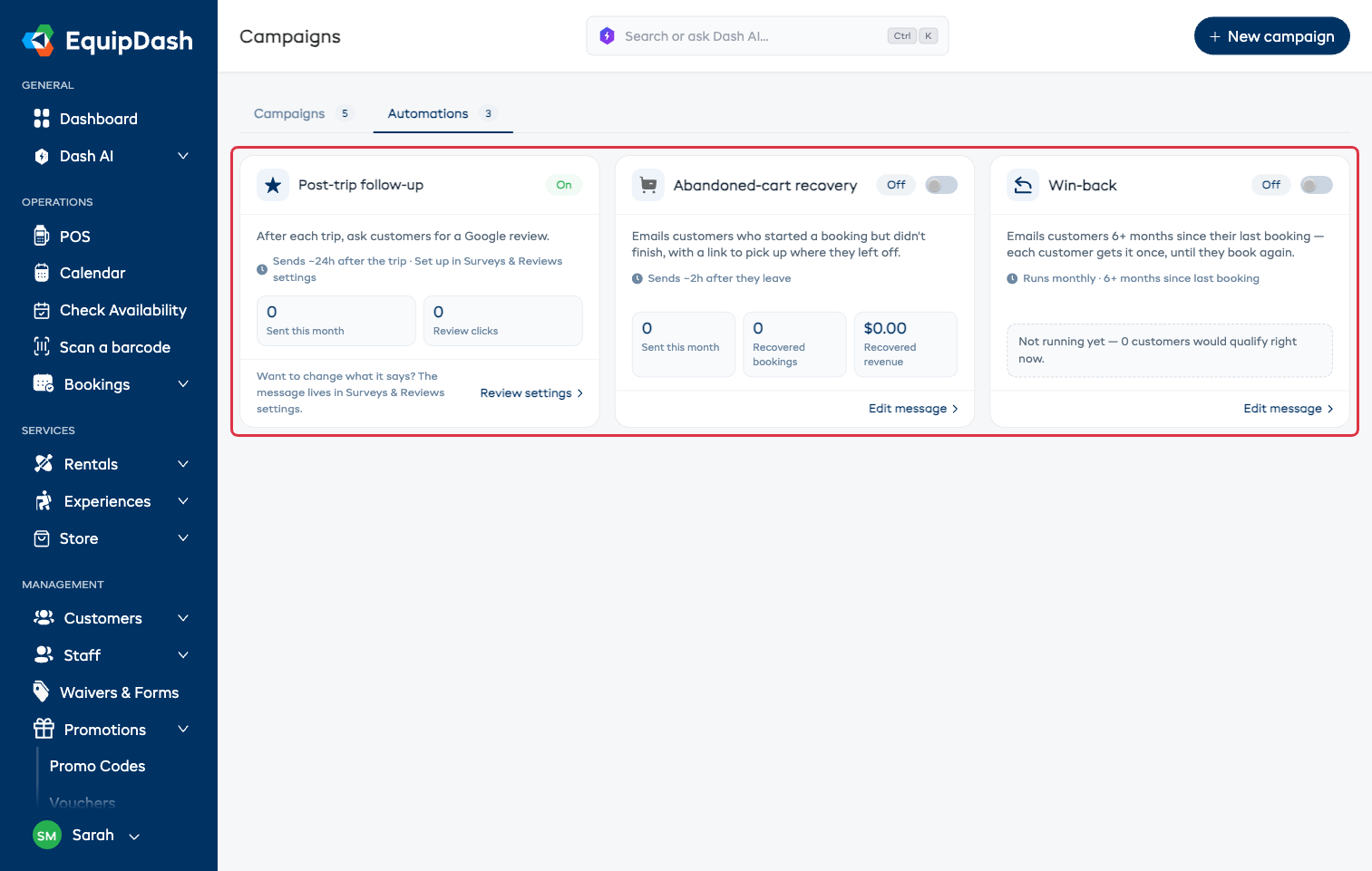 The Automations tab with the three cards — post-trip follow-up, abandoned-cart recovery, and win-back — each with its switch and results