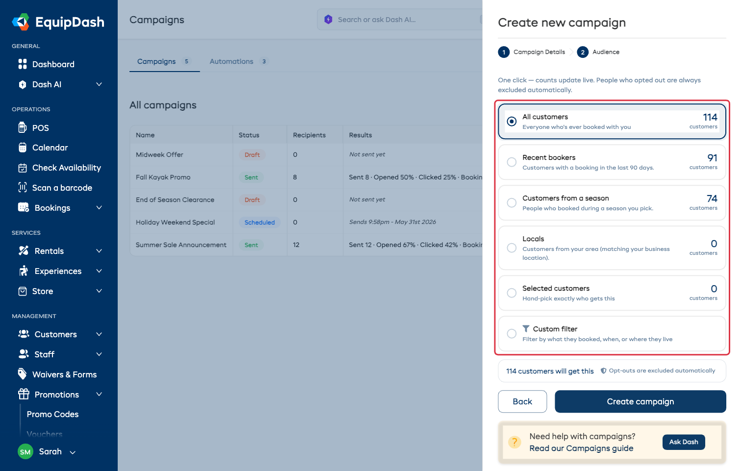 The audience step with the one-click audience cards, their live customer counts, and the total underneath