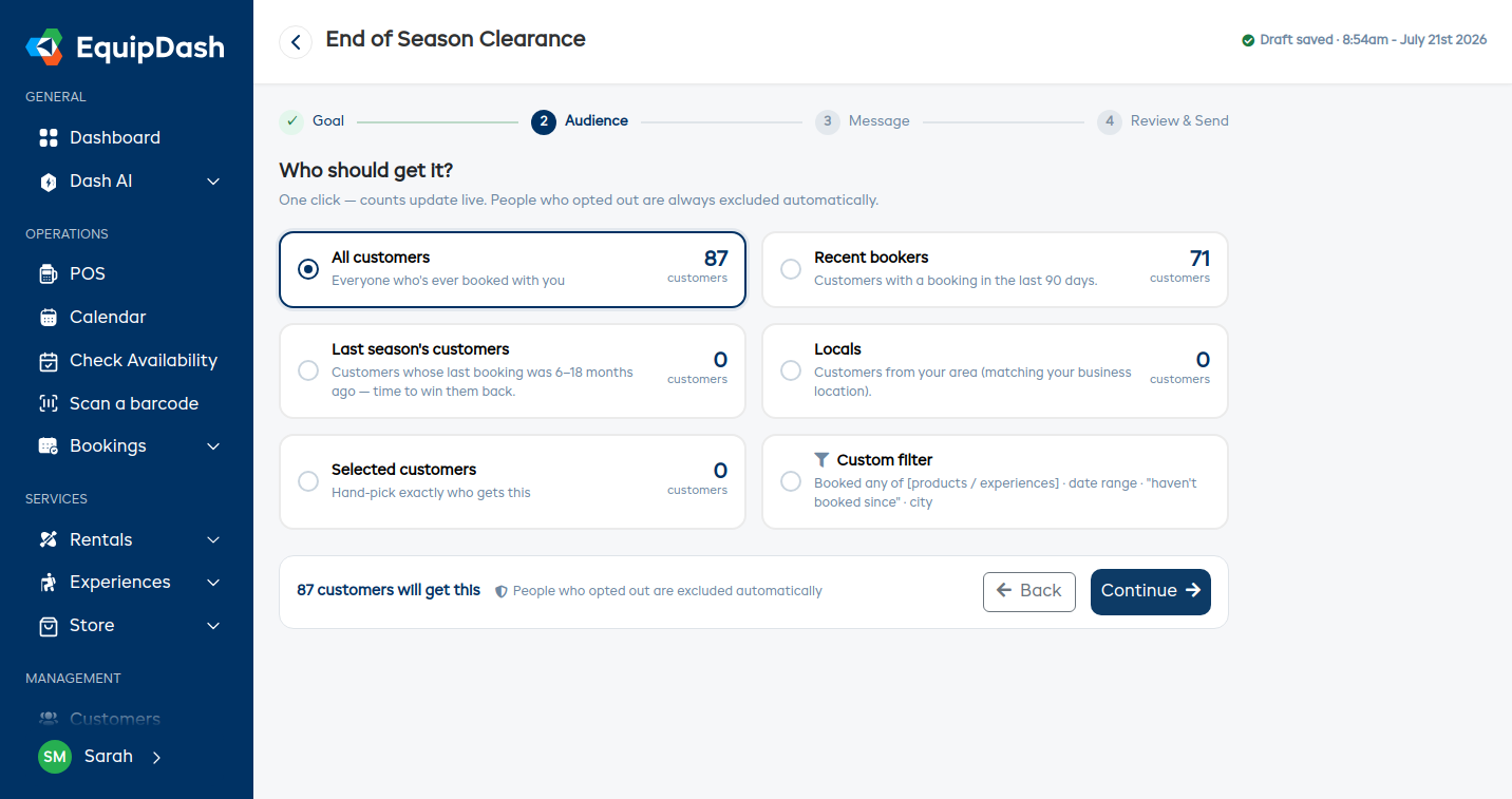Step 2 of the guided campaign flow — the audience cards with live customer counts and the "customers will get this" footer