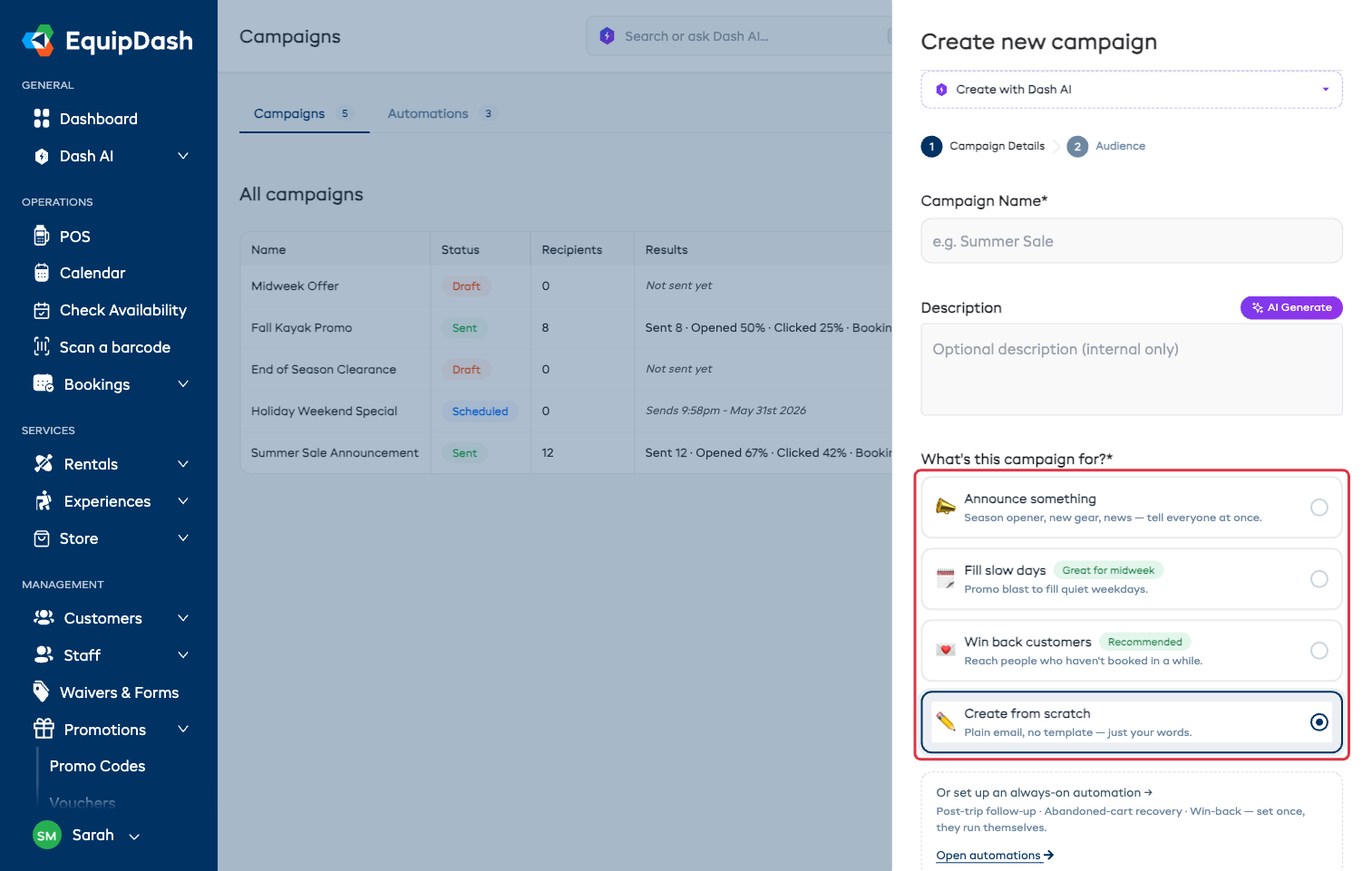 The new-campaign panel with the name and description fields and the four choices for what the campaign is for