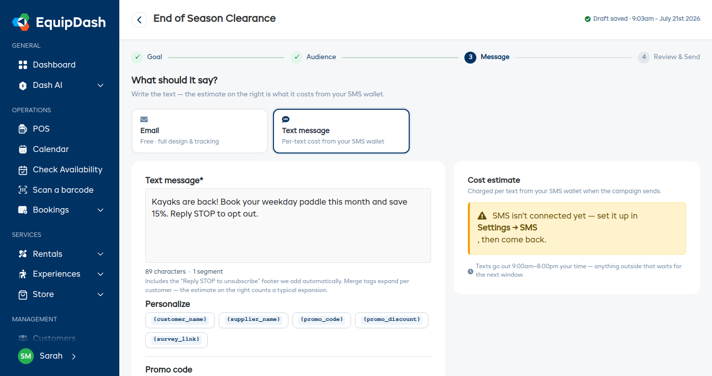 Step 3 of the guided campaign flow with the Text message channel selected — the SMS editor and the character and segment counter
