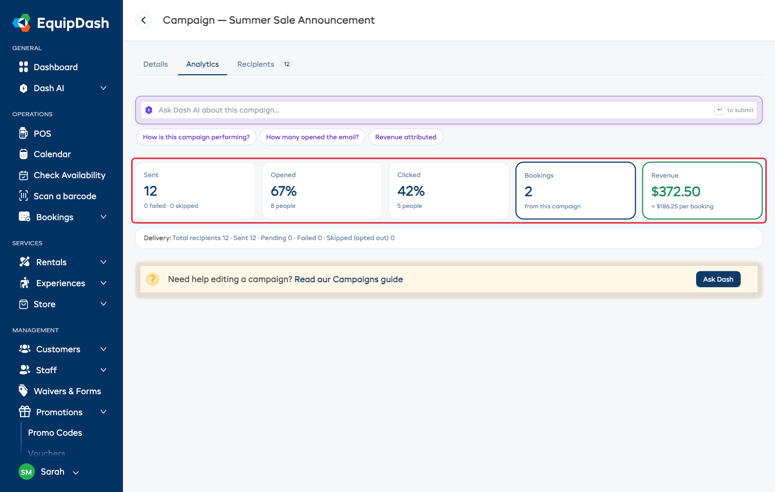 A sent campaign's Analytics tab with the five cards — Sent, Opened, Clicked, Bookings, Revenue