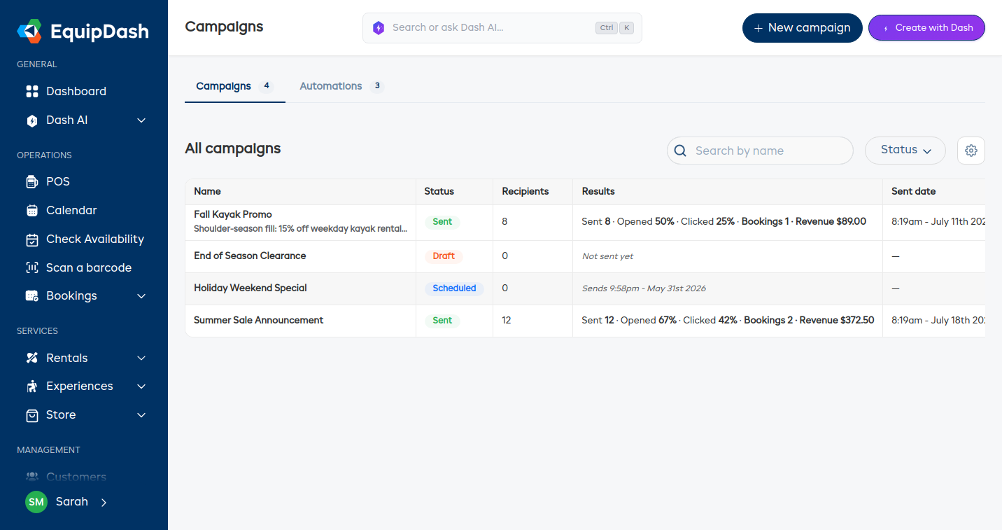 The Campaigns list with the Results column showing sent, opens, clicks, bookings, and revenue for each campaign