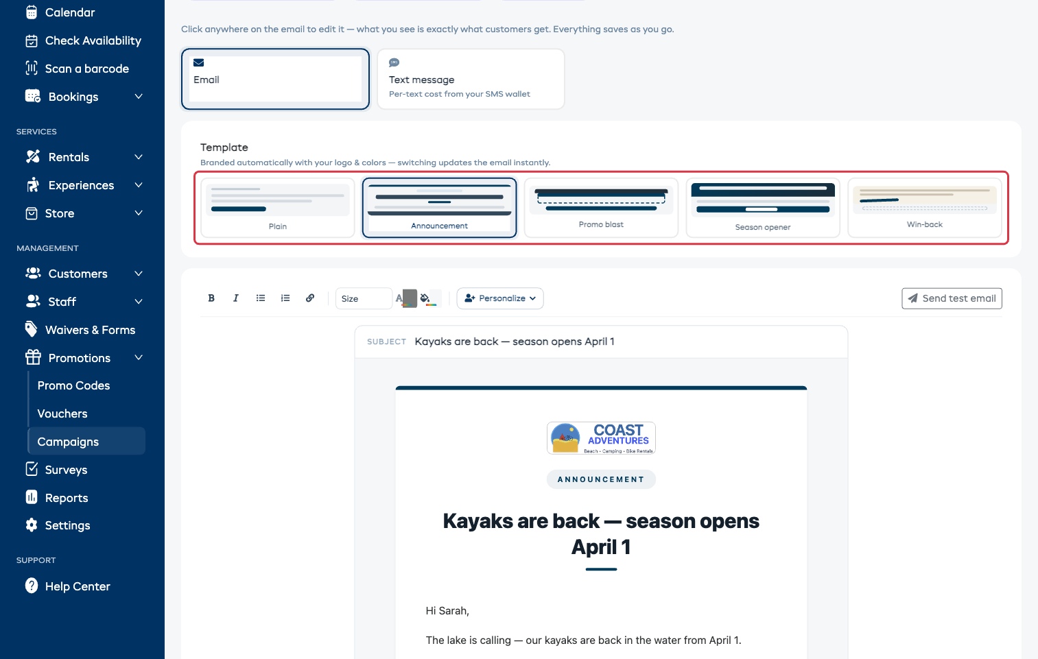 The Message tab with the email design gallery and the email itself open for editing