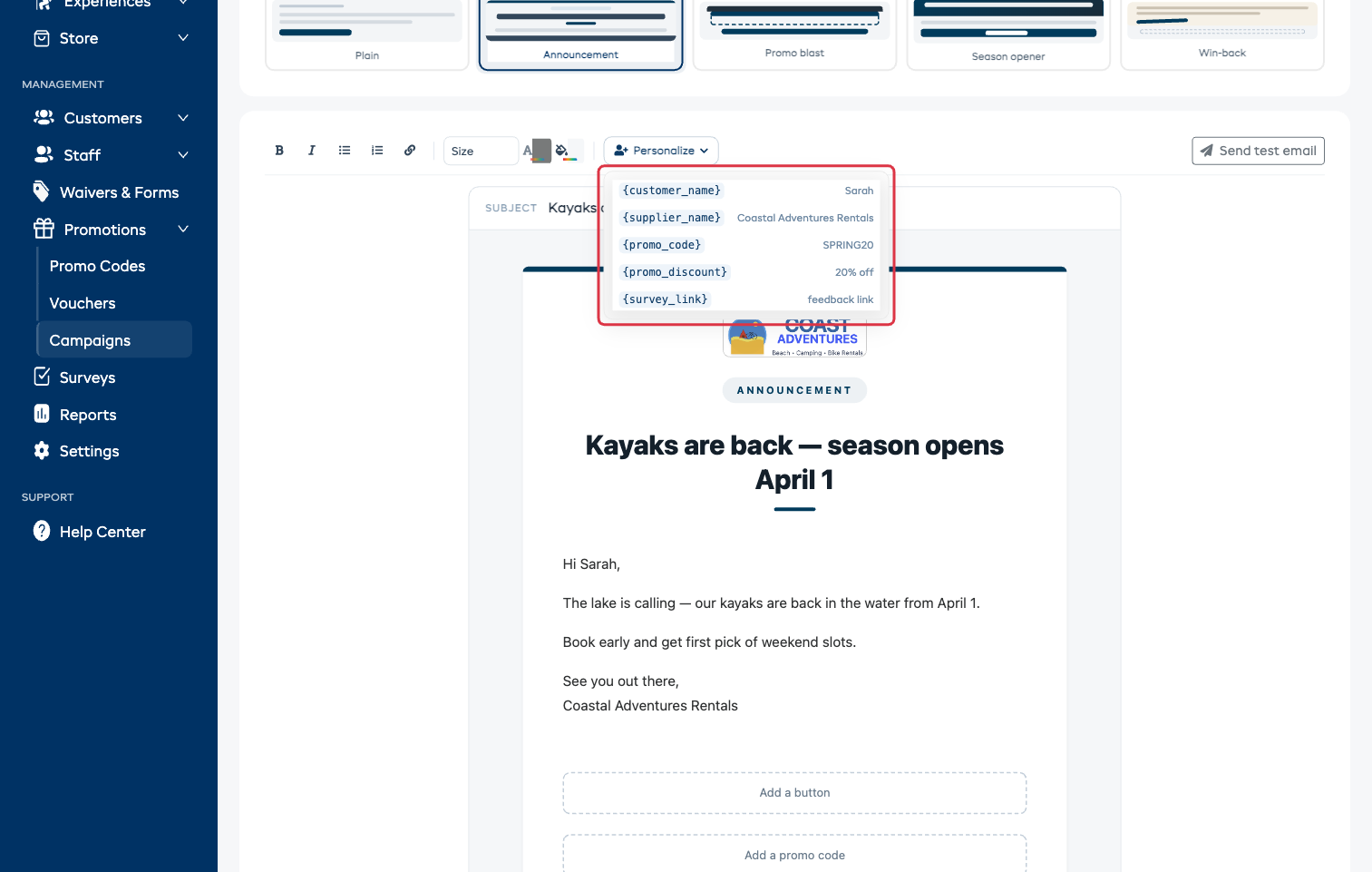 The Personalize menu open on the toolbar, showing the five tags and what each one becomes
