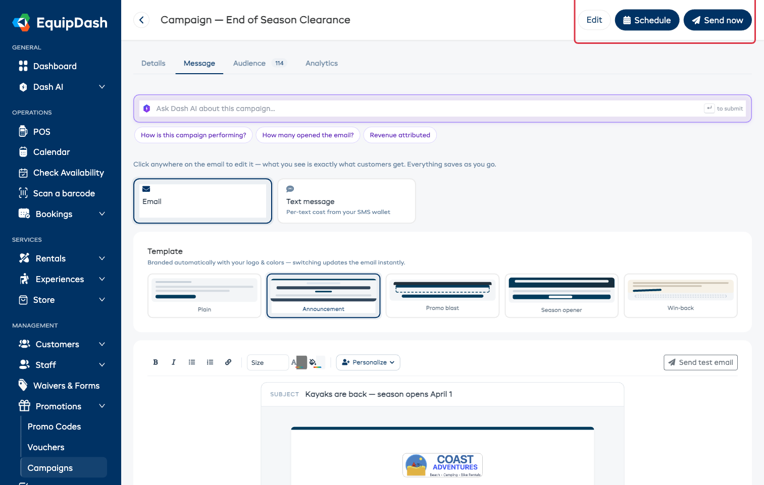 A campaign page with the Schedule and Send now buttons at the top right