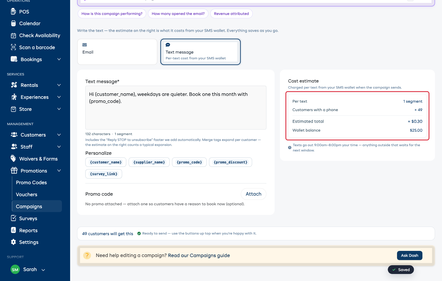The Message tab with Text message chosen, the message box with its character and segment count, and the cost estimate panel