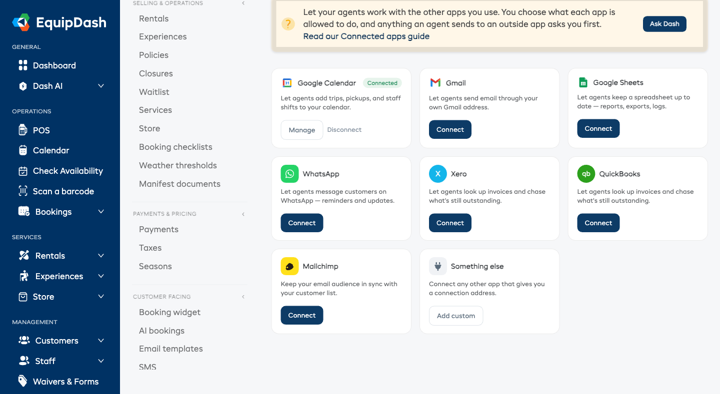 The Connected apps page, with Google Calendar already connected