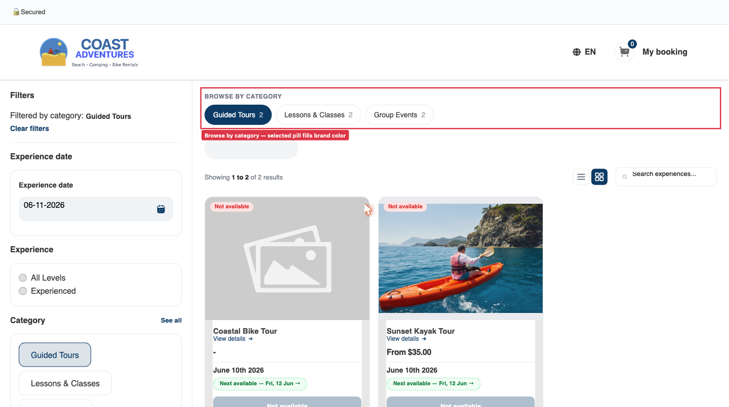 Browse by category pill row on the widget