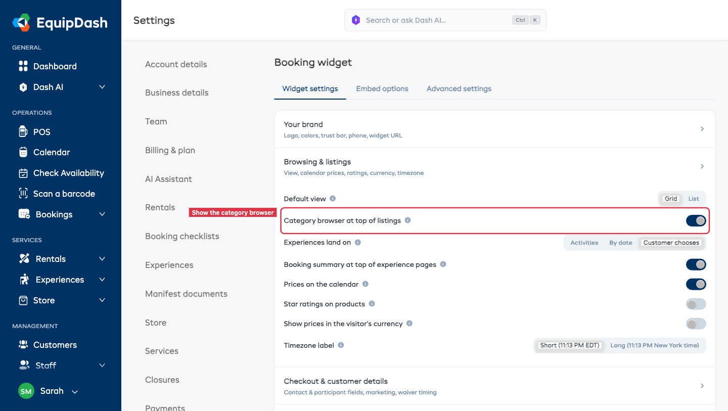 Category browser toggle in widget Appearance settings
