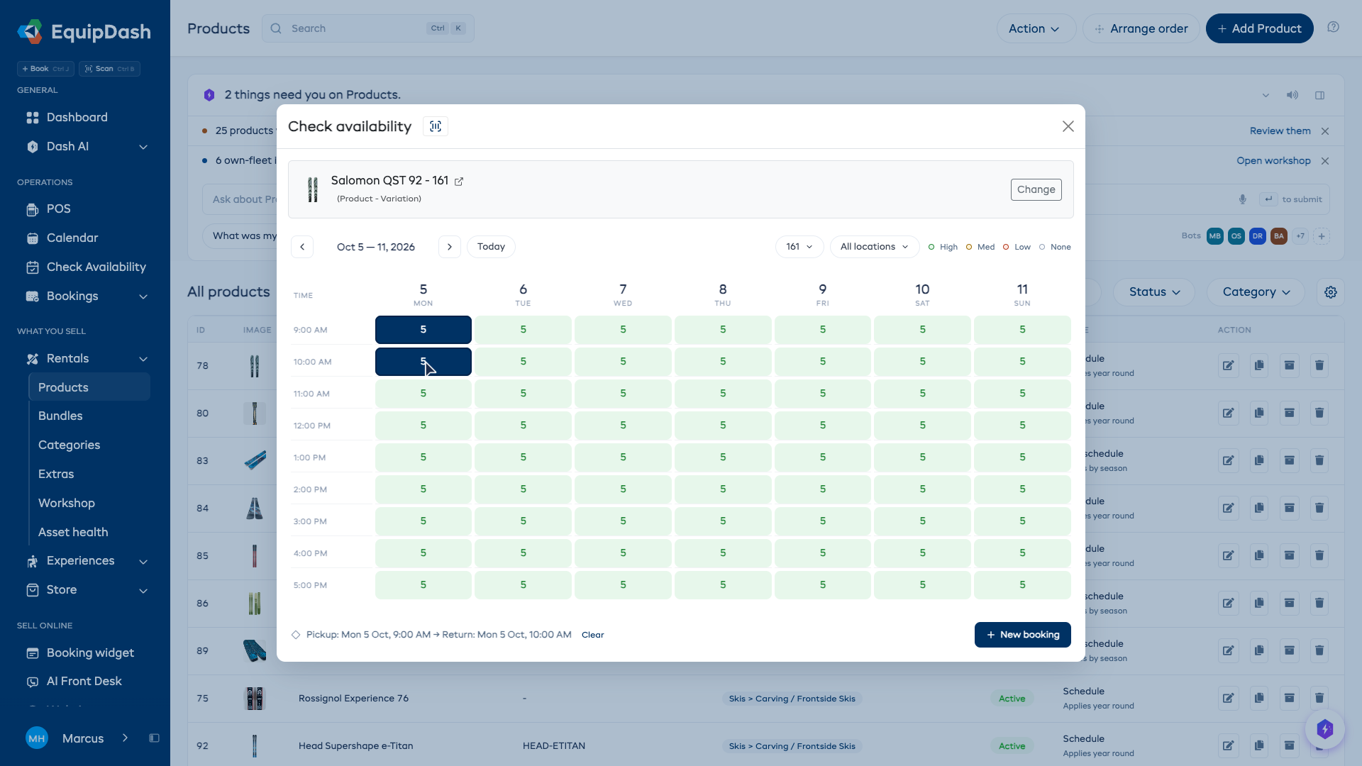 The availability grid with a product selected, pickup and return times highlighted, and the selection summary bar