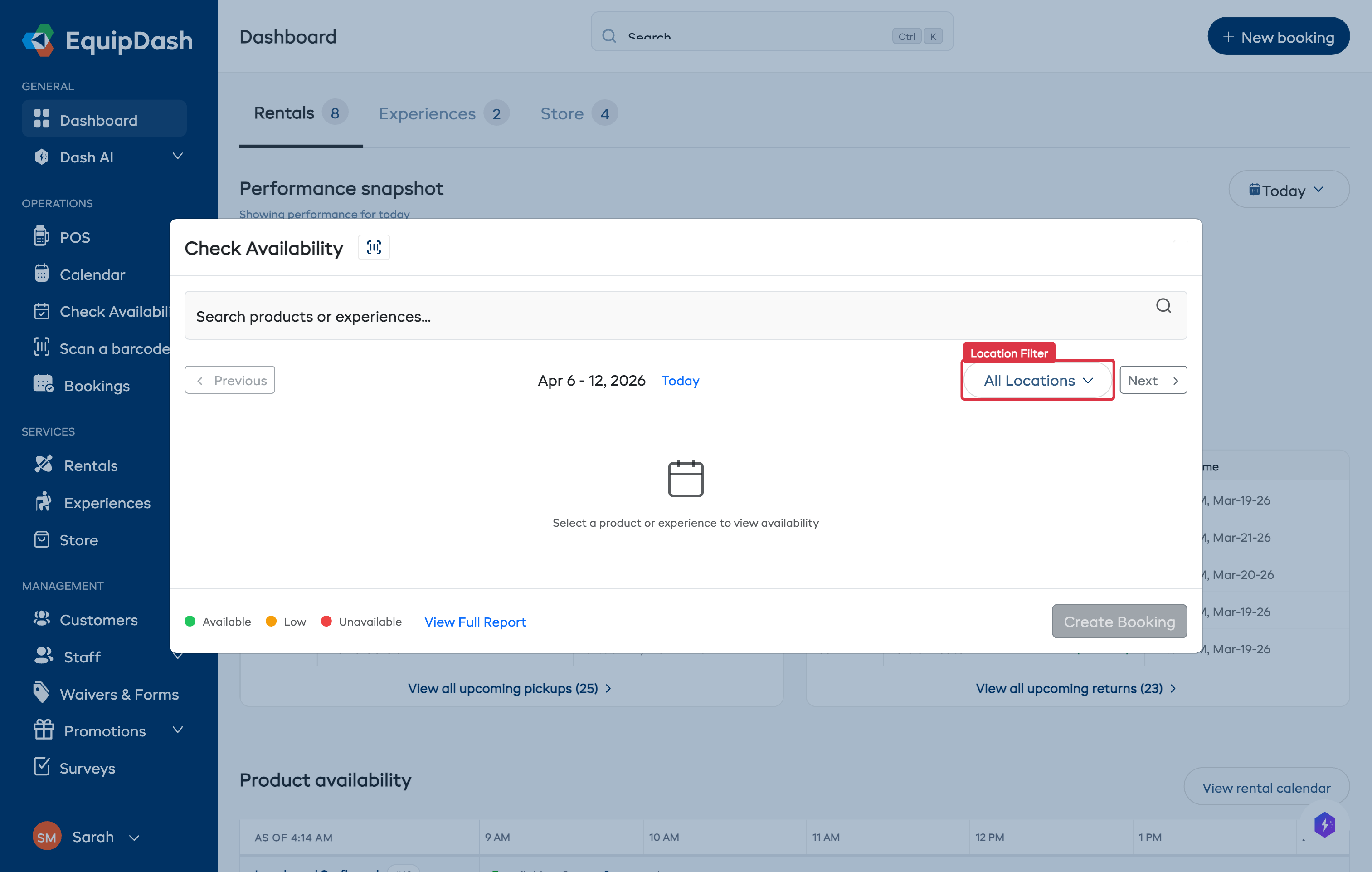 Check Availability modal with Location filter dropdown