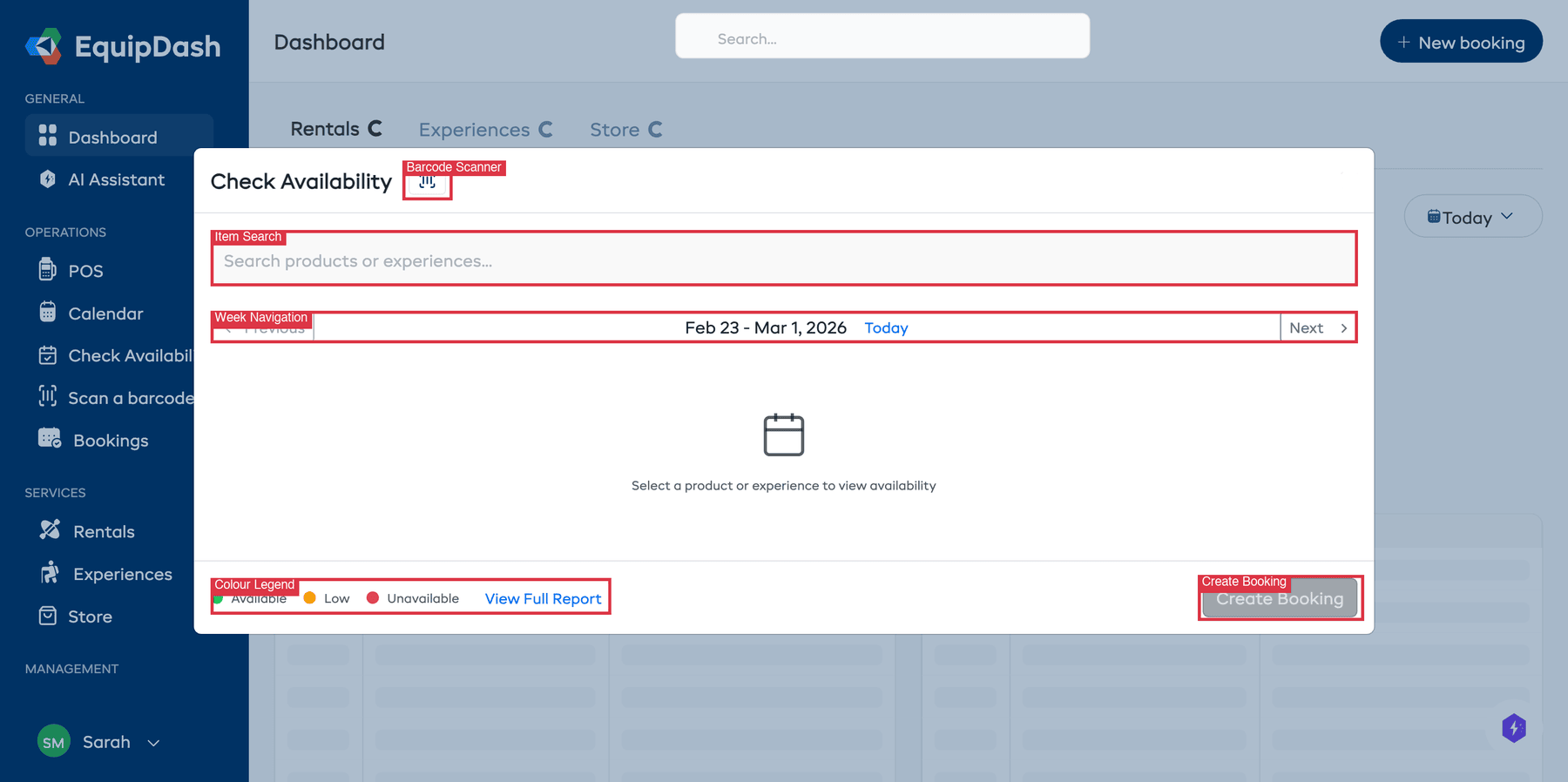 The Check Availability modal with the item search, week navigation, colour legend, and Create Booking button annotated