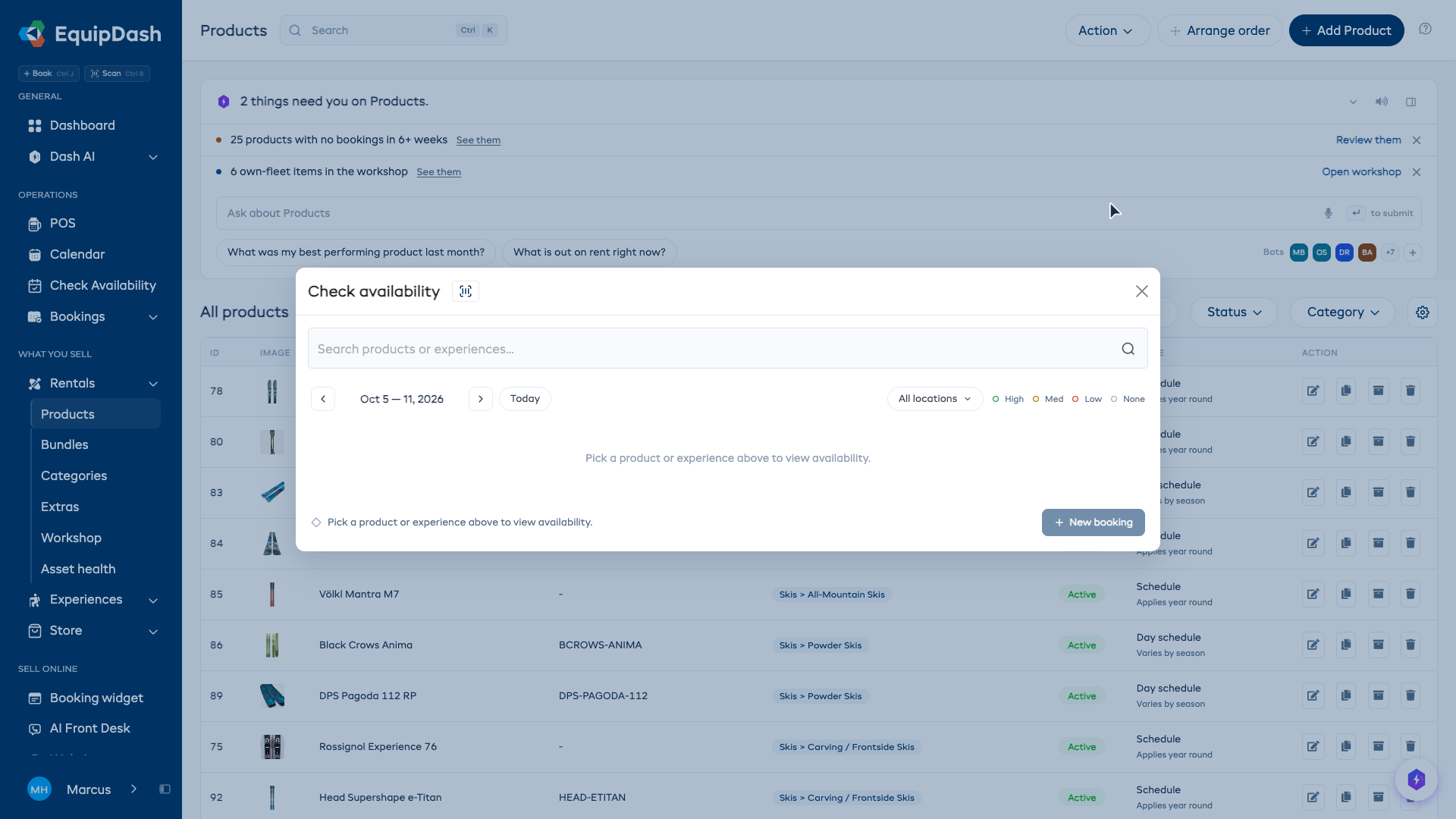 Check Availability with product search, week navigation, availability legend and New booking