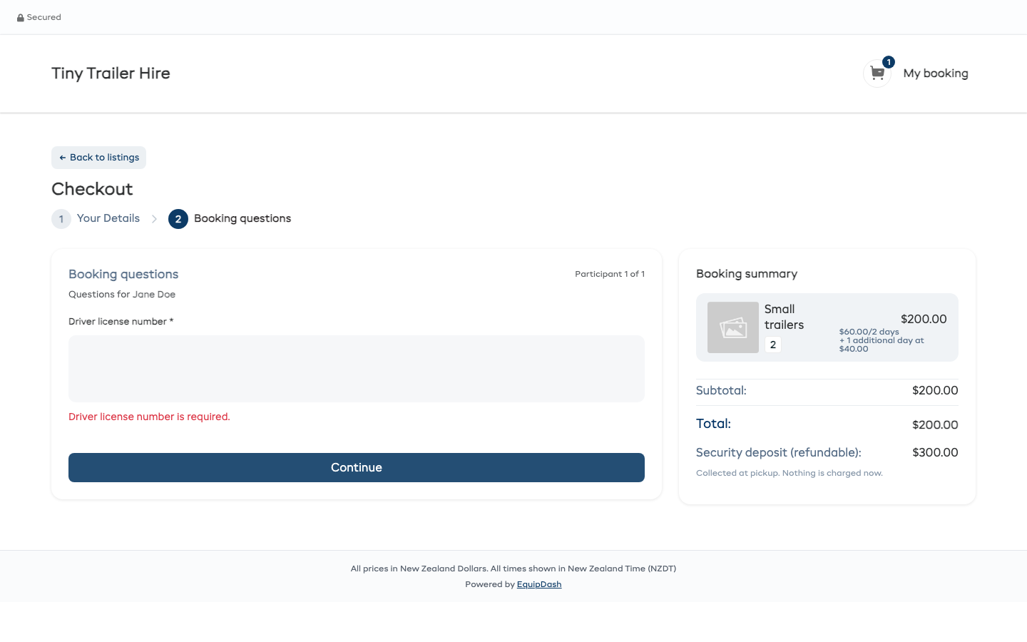 A required booking question blocks checkout until the customer answers it