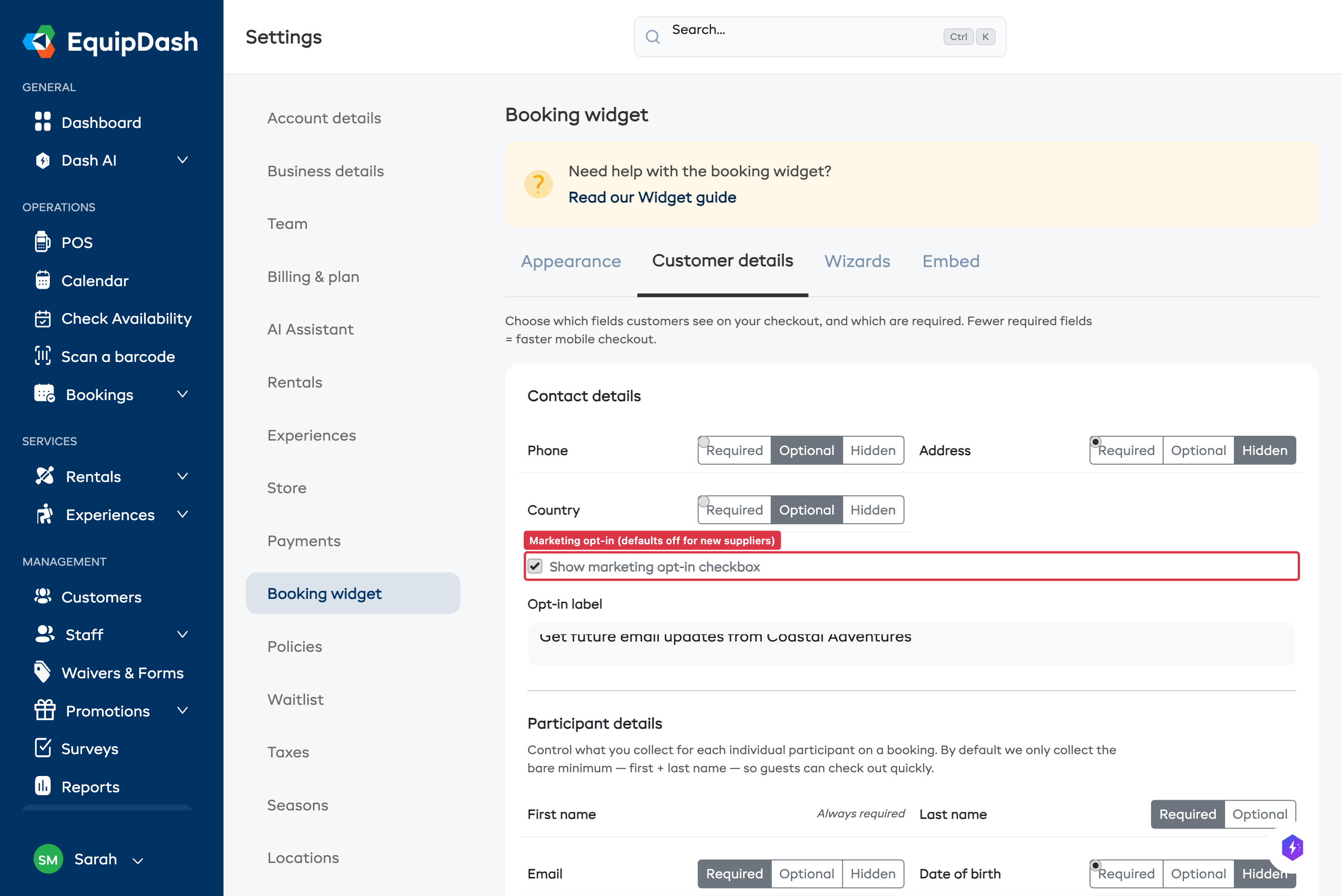 Marketing opt-in toggle with custom label field