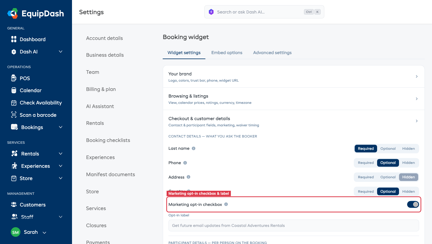 Marketing opt-in toggle with custom label field