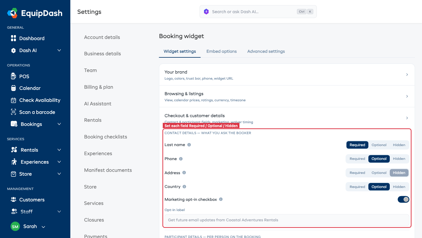 Customer details tab showing field requirement radio groups