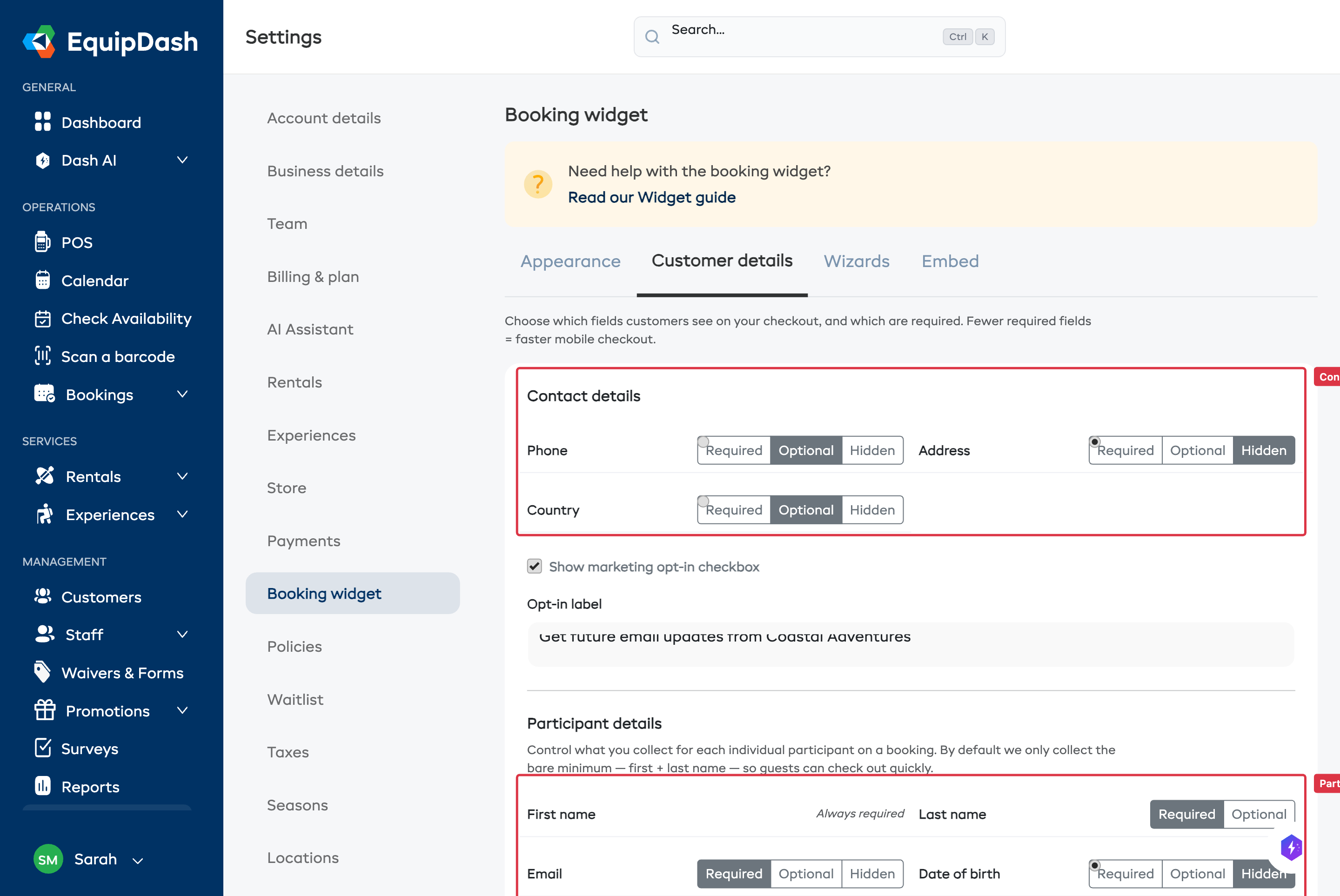 Customer details tab showing field requirement radio groups