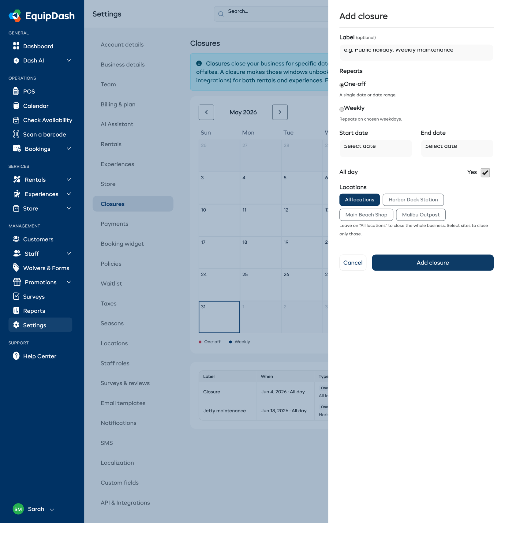 The Add closure panel with the Label, Repeats, Locations, date, and All day fields