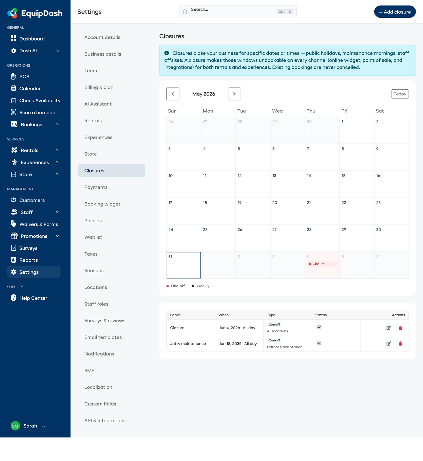 The Closures settings page showing the month calendar and the list of closures below it