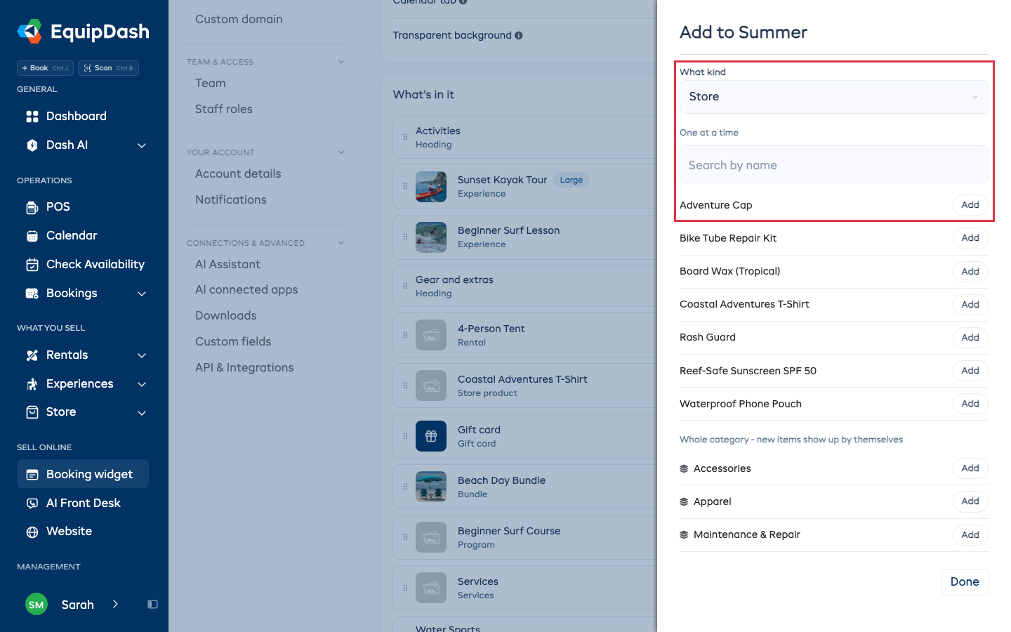 The Add items drawer, with What kind set to Store and the first Add button highlighted