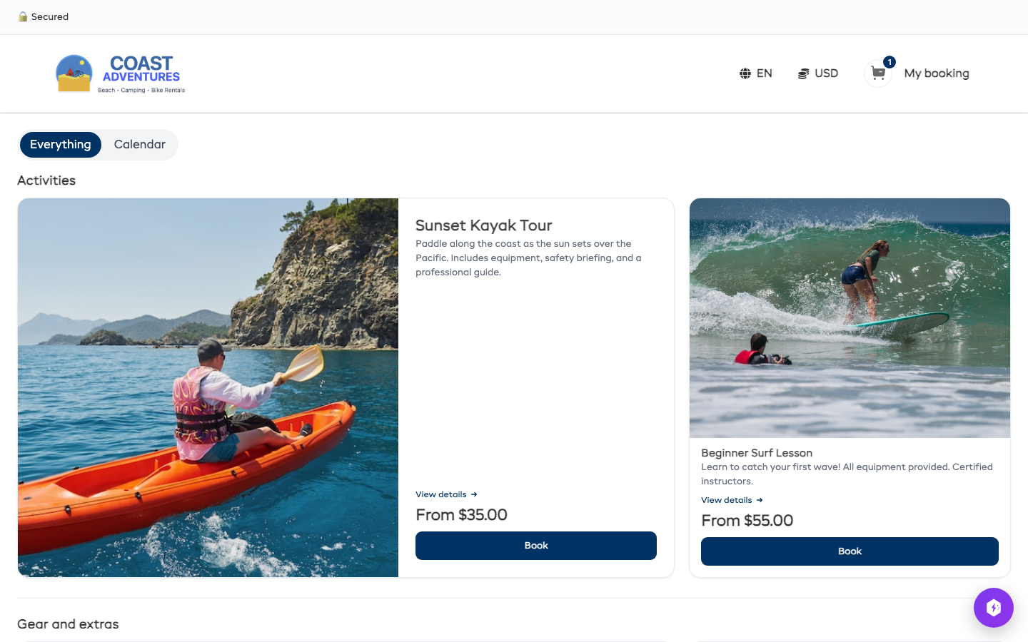 A collection on the booking page, with an Activities section and a Gear and extras section