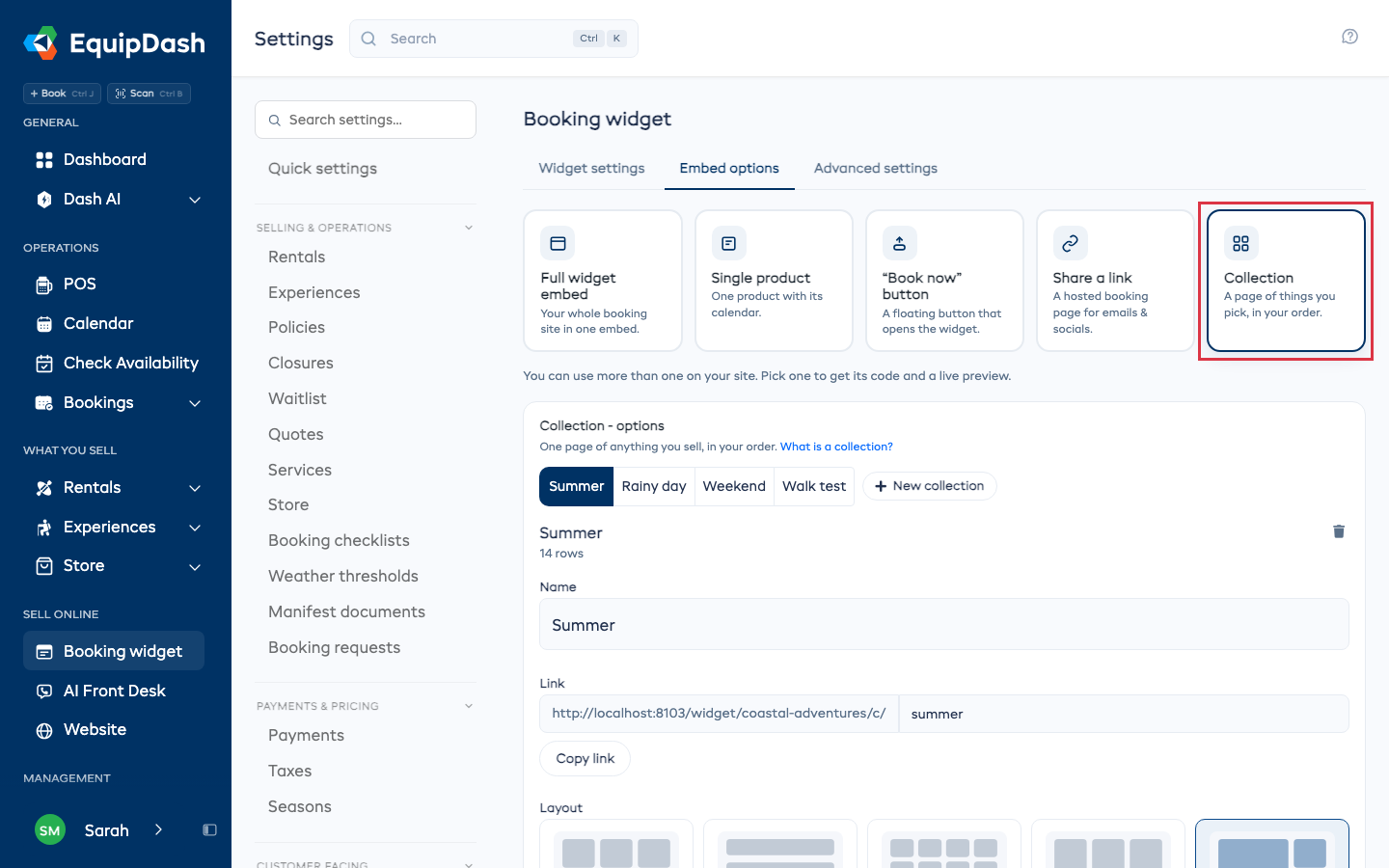 The Embed options tab with the Collection card picked and its options below