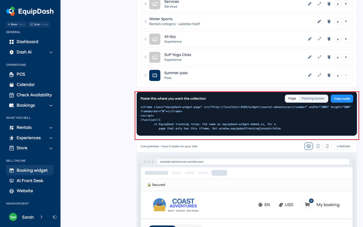 The code box, with Page, Floating button and Copy code