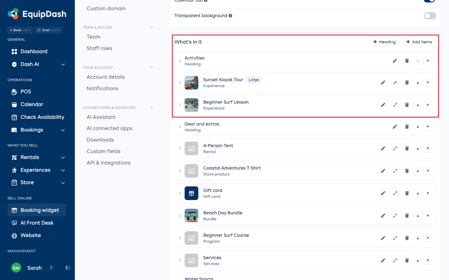 What's in it, with the Heading and Add items buttons and the first rows highlighted